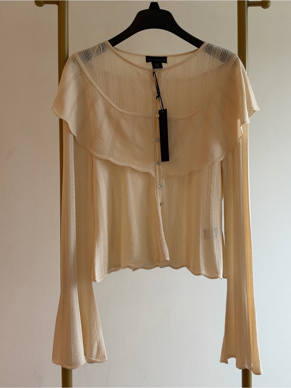 House of Harlow 1960 Light Cream Ruffle-Yoke Button Cardigan